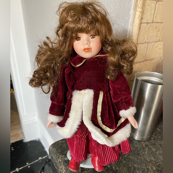 DEPARTMENT 56 Brunette 12” Porcelain Doll New in Box W/ Stand Red Oufit Clothes - Picture 2 of 10